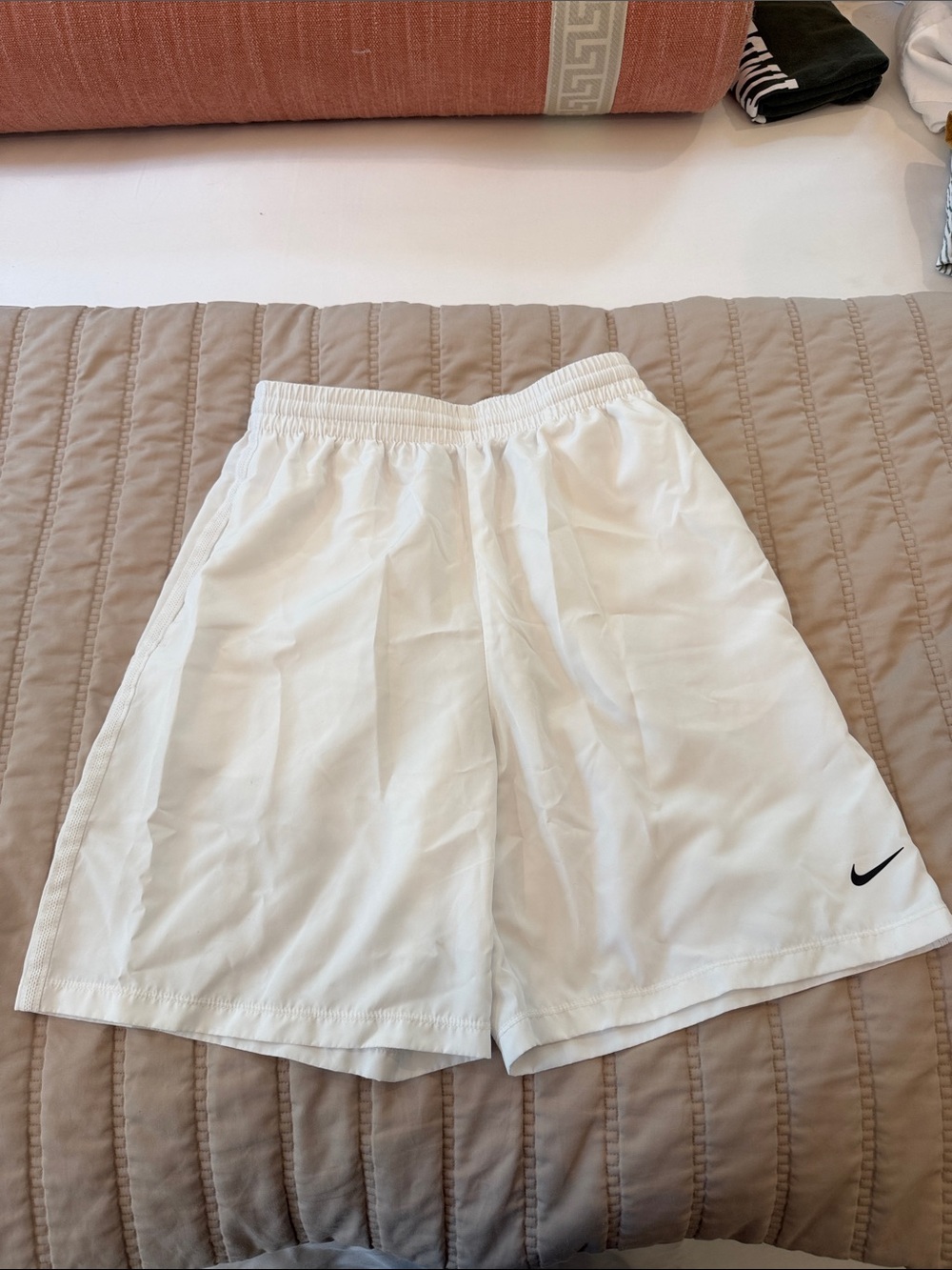 Nike White Athletic Training Shorts with Black Swoosh